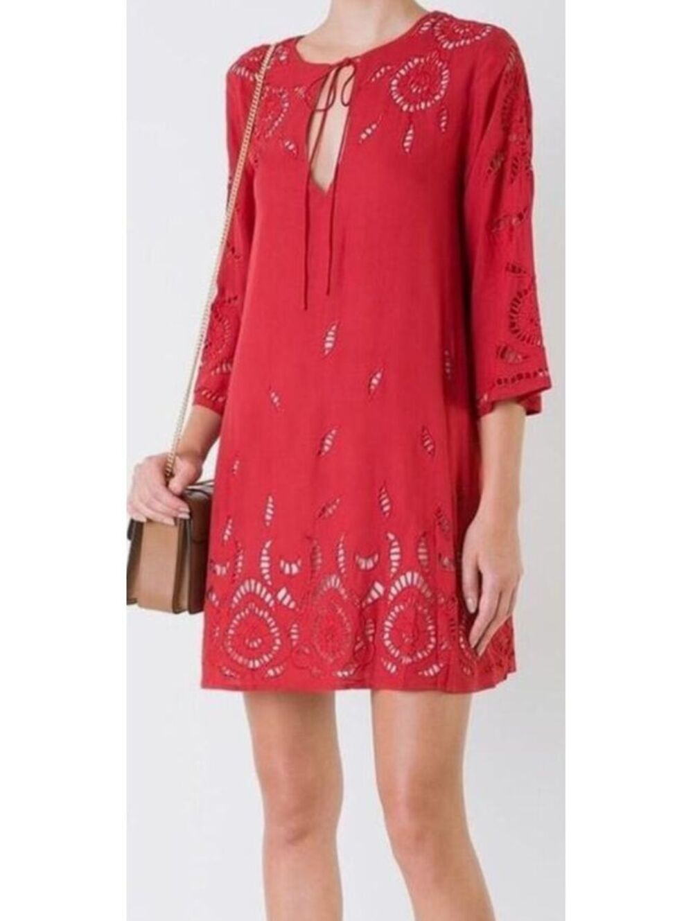 Alice + Olivia Morgana Red Silk Embroidered Eyelet Shift Dress Size S